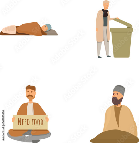 Collection of vector illustrations depicting various homeless individuals in urban scenarios