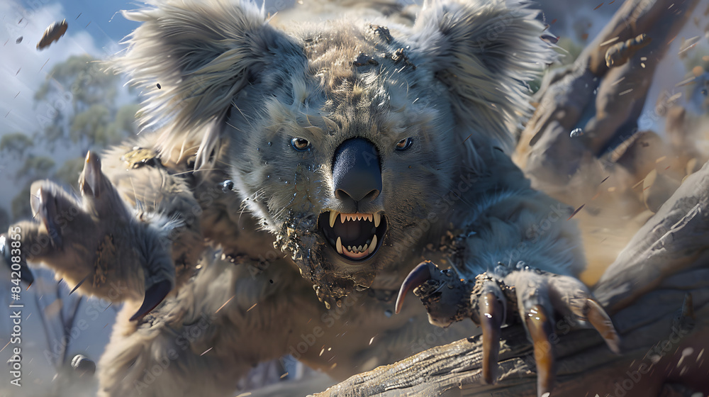 Φωτογραφία A photorealistic fantasy depiction of a furious and muddy fluffy koala with pointed claws