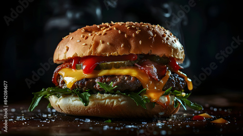 a poster depicting cheeseburger black background food photography 