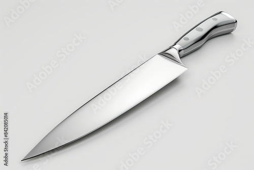 Sleek Stainless Steel Chef Knife Isolated. High-quality sharp kitchen knife with a shiny finish. Perfect for chefs and cooking enthusiasts. Minimalist design on a plain background. Generative AI