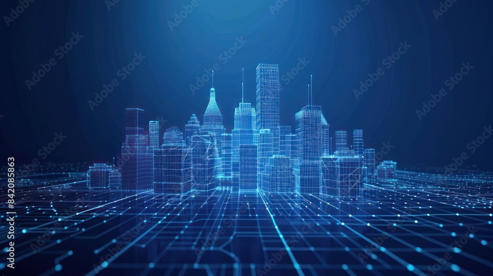 Technology Smart city background. Smart city low poly wireframe on blue background