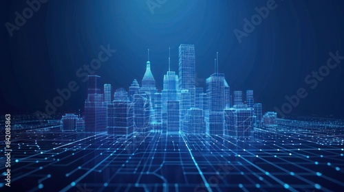 Technology Smart city background. Smart city low poly wireframe on blue background