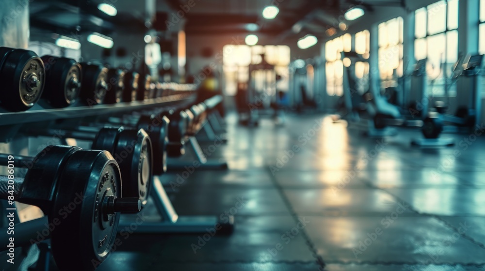 Fototapeta premium A close up shot of dumbbells lined up on a rack in a modern fitness center. The background is blurred, revealing other exercise equipment.