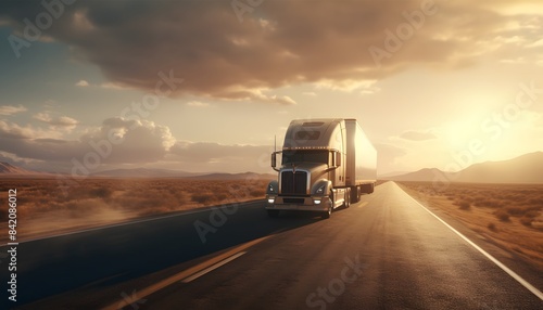 semi-truck crossing on empty road © MR. INVINCIBLE