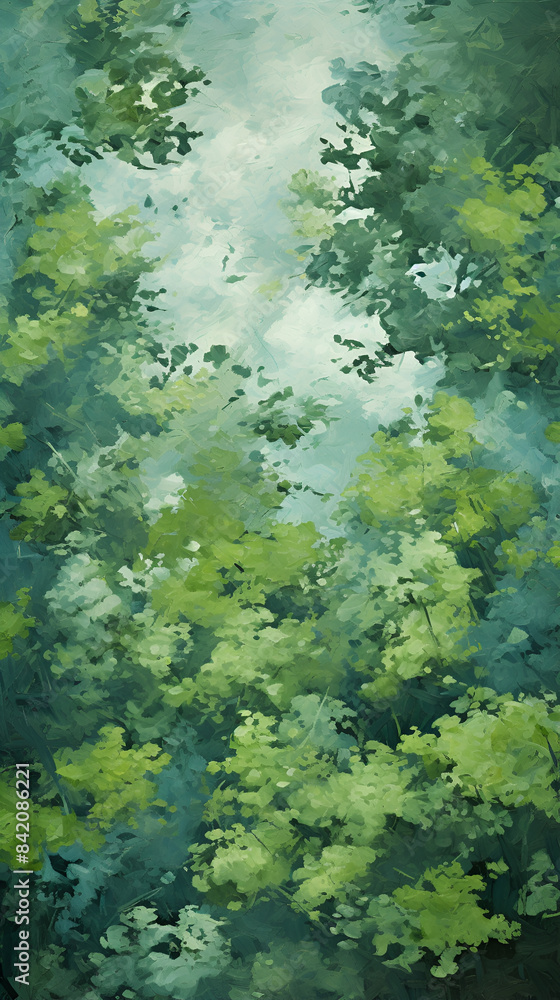 thick impasto painting of a forest, prospectic top view, soft green hues and tones on blue sky background thick impasto painting of a forest, prospectic top view, soft green hues and tones on blue sky background