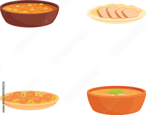 Collection of four appetizing cartoon illustrations of different food dishes