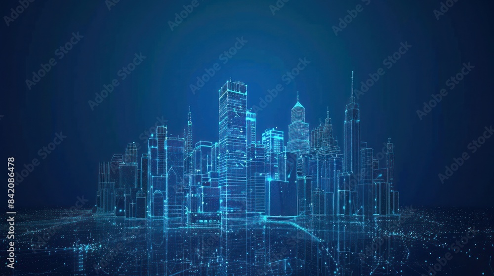 Technology Smart city background. Smart city low poly wireframe on blue background Technology Smart city background. Smart city low poly wireframe on blue background