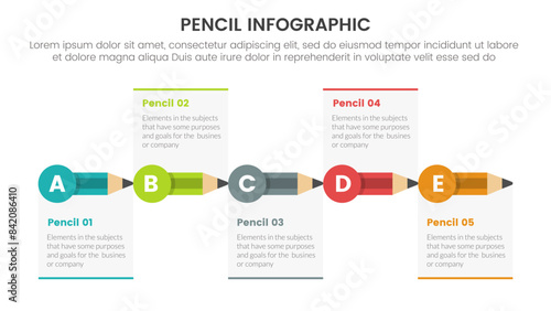 pencil education infographic 5 point stage template with small pencils with circle on edge for slide presentation