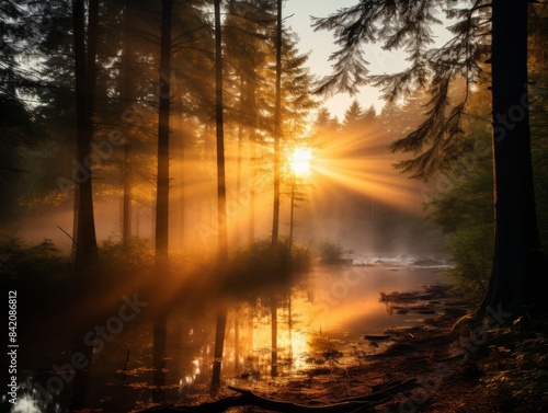 Sunrise in a Forest with Golden Sun Rays and Misty Atmosphere