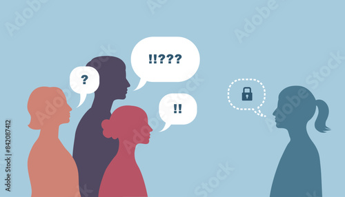 Selective mutism, inability to speak in certain social situations, vector illustration.