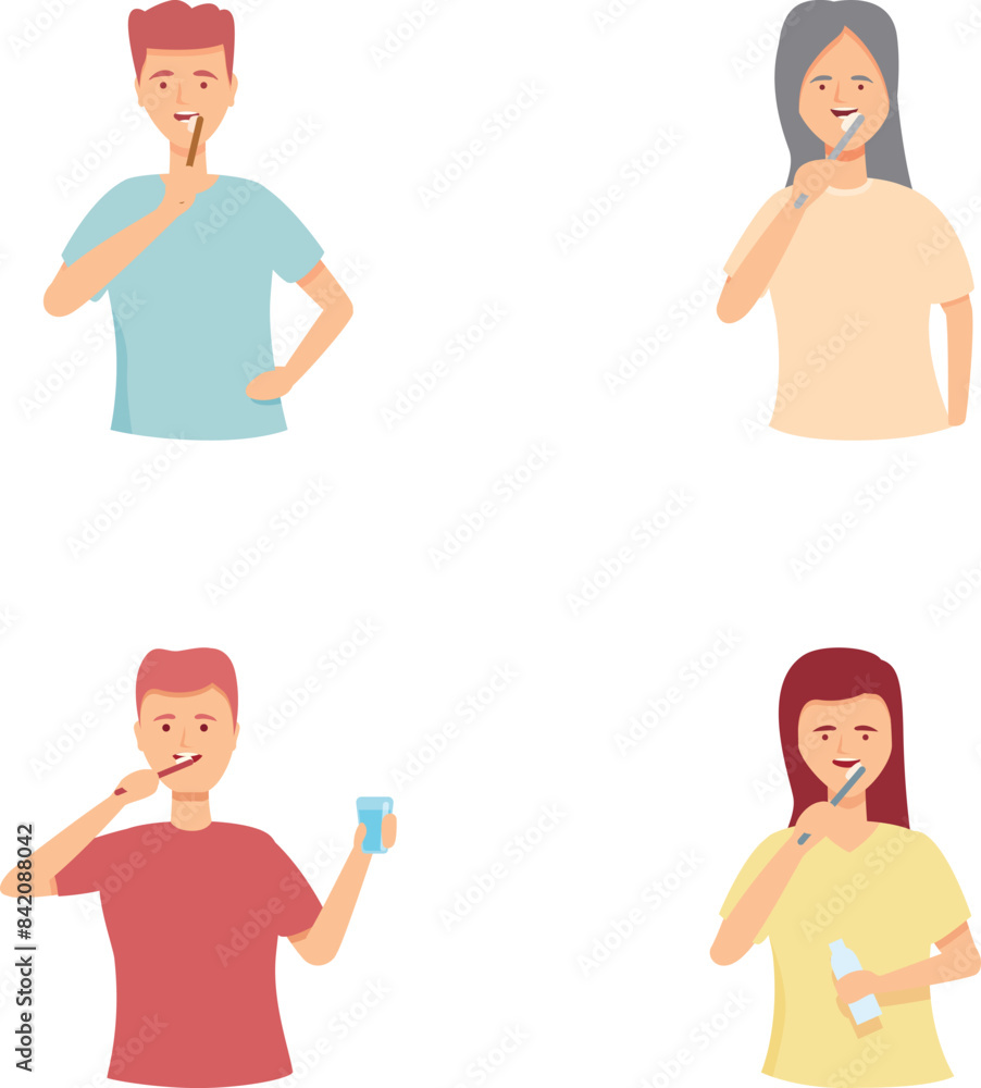 Illustrations of four different thoughtful characters in casual attire with hand on chin Illustrations of four different thoughtful characters in casual attire with hand on chin