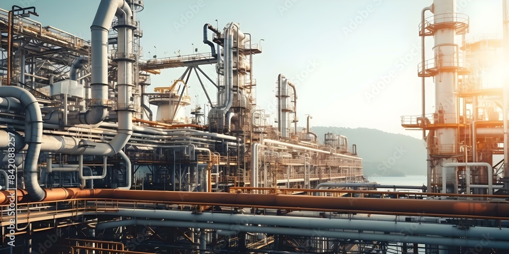 Morning aerial view of a petrochemical refinery. Concept Industrial, Petrochemical, Refinery, Aerial View, Morning