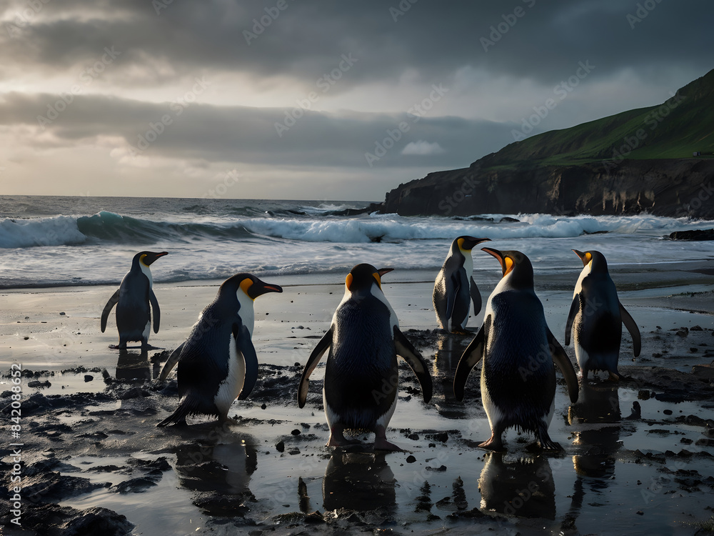Obraz premium A group of penguins is on a beach covered with oil. The scene is dark and sad as the penguins struggle to survive in a polluted environment