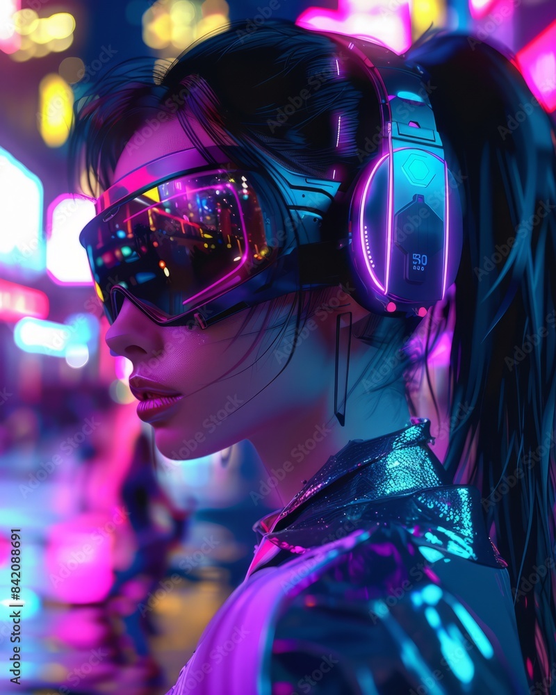 The image depicts a woman in a cyberpunk inspired setting, against a backdrop of vibrant neon lights and futuristic elements