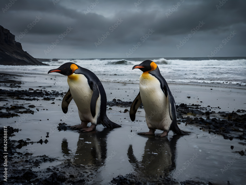 Obraz premium A group of penguins is on a beach covered with oil. The scene is dark and sad as the penguins struggle to survive in a polluted environment