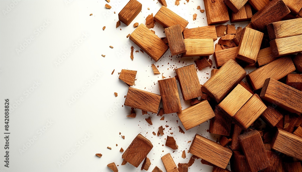 Fototapeta premium Various wooden blocks scattered on a white surface