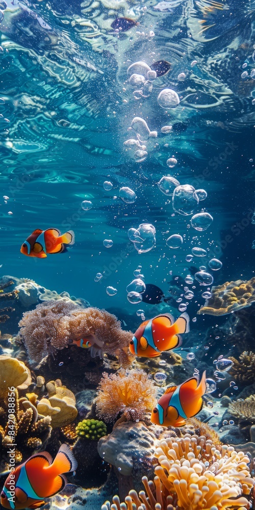 Fototapeta premium An underwater scene filled with clownfish swimming among colorful corals and bubbles in a sunlit ocean