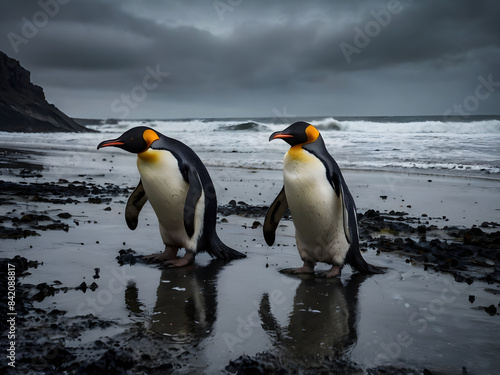 A group of penguins is on a beach covered with oil. The scene is dark and sad as the penguins struggle to survive in a polluted environment