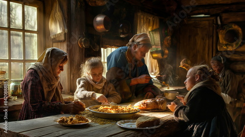 Peasant family enjoys a humble meal together in their rustic cottage, highlighting traditional attire and a simple lifestyle full of warmth and togetherness