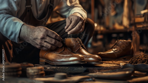 shoemaker crafting a custom pair of leather shoes