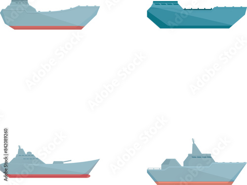 Collection of four modern maritime vessels including warships and cargo ships, isolated on a white background