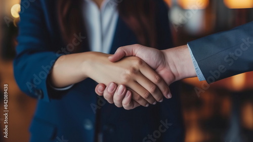 successful job interview with a young professional shaking hands with a hiring manager in an office setting © Mars0hod