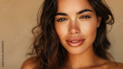 Hispanic woman, glowing skin, with loose wavy brown hair, wearing subtle highlighter and natural eye makeup, light taupe background