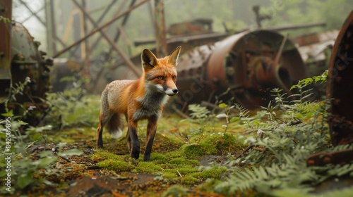 Wallpaper Mural Red fox with abandoned city debris with green plants growing. Post apocalypse scene. Torontodigital.ca