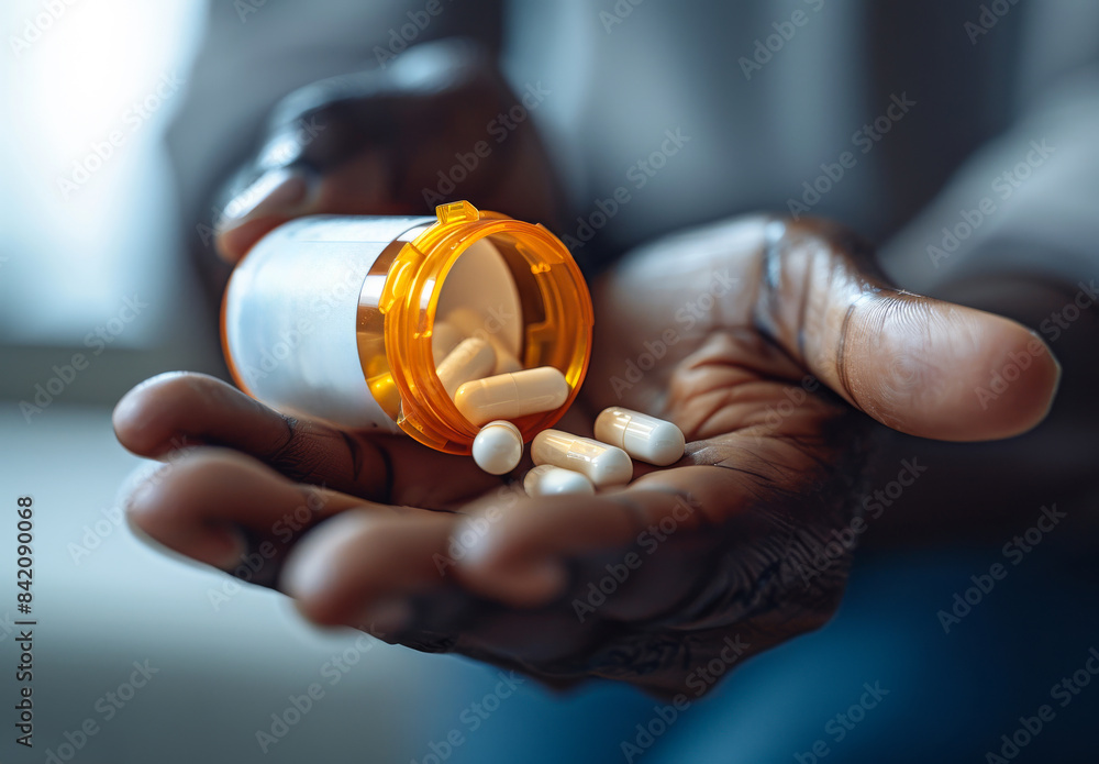 Cropped shot of unrecognizable man holding prescription pill bottle in his hand Cropped shot of unrecognizable man holding prescription pill bottle in his hand