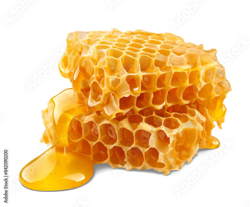 cut honeycomb with honey dripping down, PNG transparent background with shadow photo