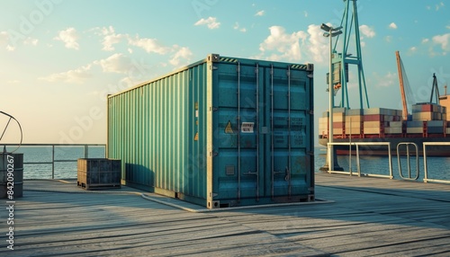 Shipping container on a sunny dockside