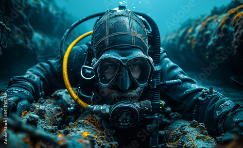 SCUBA diver swimming in the deep sea with full face dive computer