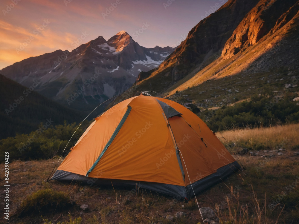 Tent pitched amidst mountain peaks, capturing the serene beauty of a sunset in the wilderness.
