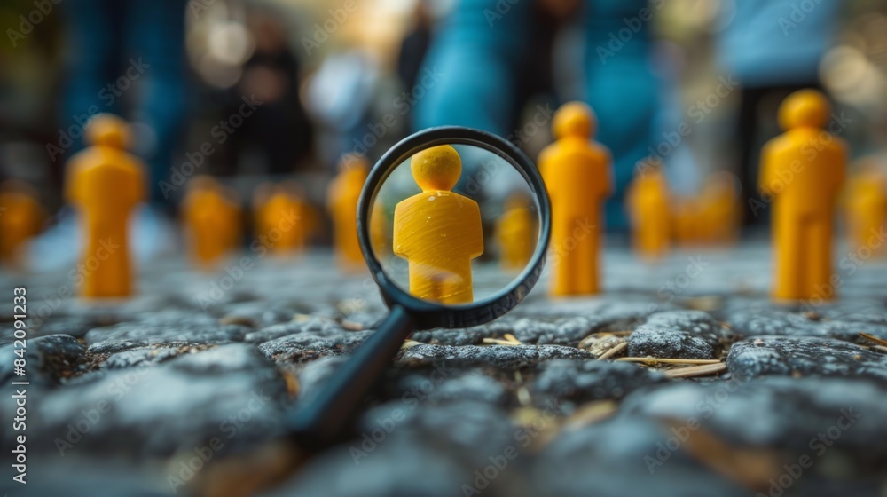 Close up of yellow pawn under magnifying glass on cobblestone street Close up of yellow pawn under magnifying glass on cobblestone street