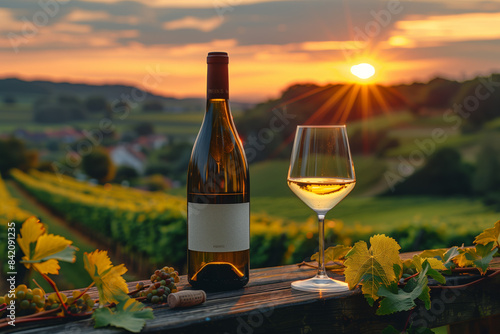 white wine bottle and glass on table with vineyard background in the style of golden hour light photo