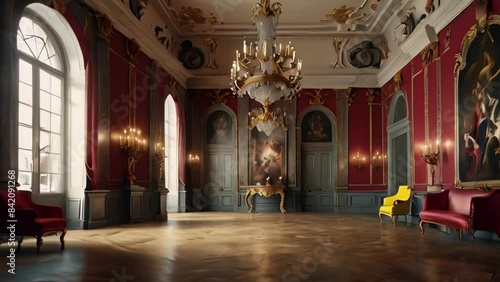 Wallpaper Mural Grand Palace Ballroom with Red Walls, Gold Chandelier, and Large Windows Torontodigital.ca