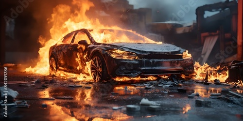 Risks of Lithium Battery Fires in Electric Cars Due to Damage or Overcharging. Concept Electric Vehicles, Lithium Batteries, Fire Risks, Safety Measures, Overcharging photo