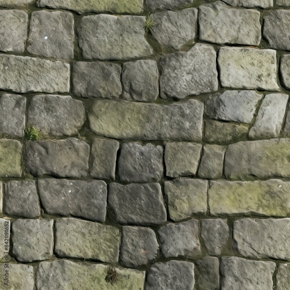 Fototapeta premium Grey Old Stone Pavement Top View, Granite Cobblestone Road, Green Moss, Wet Surface