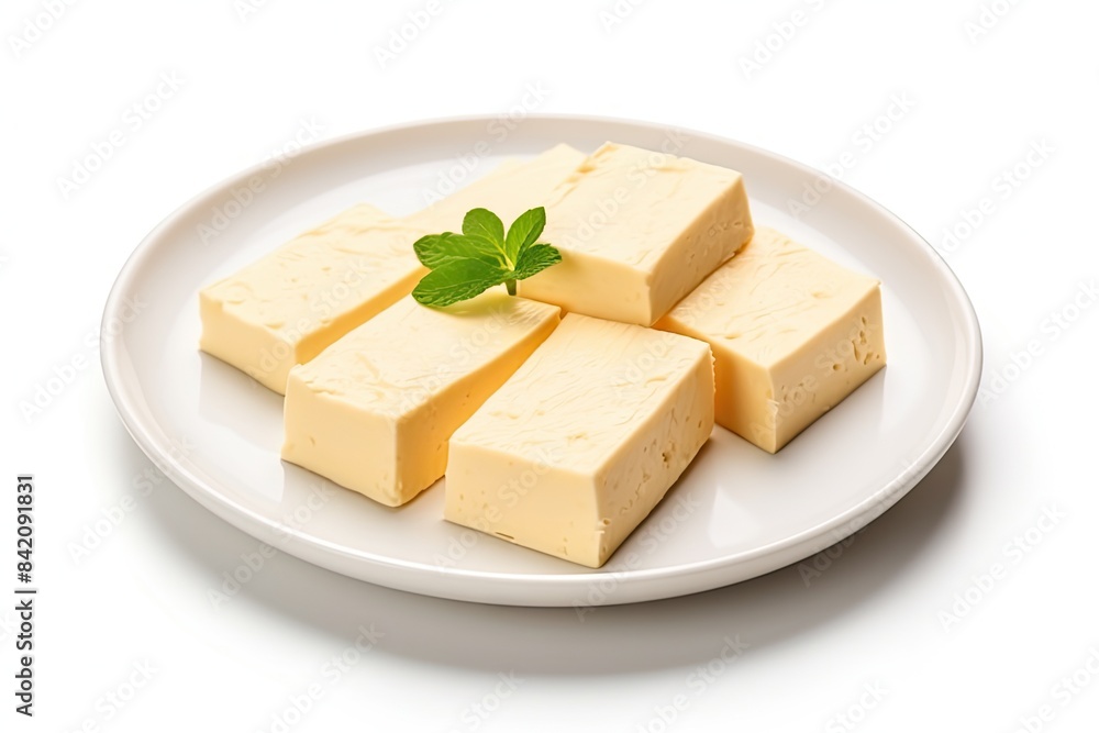 Tofu Cheese Isolated, Smoked Vegan Cheese Slice, Sliced Soya Bean Curd, Soy Protein or TSP Tofu Cheese Isolated, Smoked Vegan Cheese Slice, Sliced Soya Bean Curd, Soy Protein or TSP