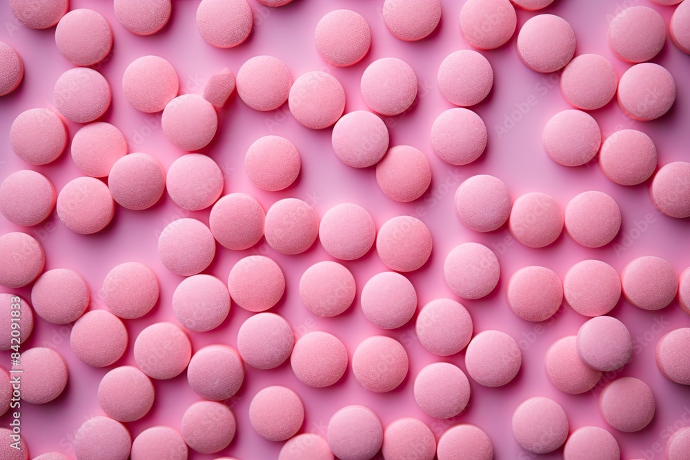 Tablet Candies on Pink Texture Background, Compressed Sugar Powder Confectionery Pattern Tablet Candies on Pink Texture Background, Compressed Sugar Powder Confectionery Pattern