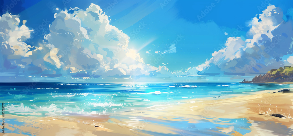 .Sandy Beach with Blue Sea and Bright Sun. .Sandy Beach with Blue Sea and Bright Sun.