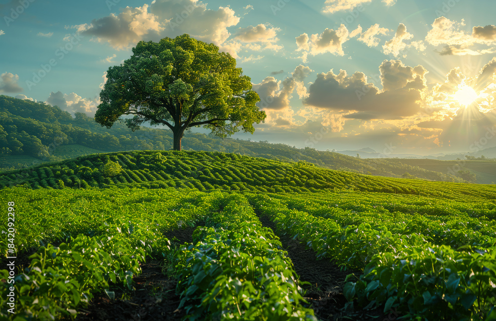 Tea plantation and lonely tree in the morning Tea plantation and lonely tree in the morning