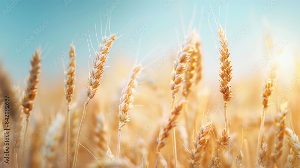 Fototapeta premium Abstract background of golden wheat ear in field with blue sky