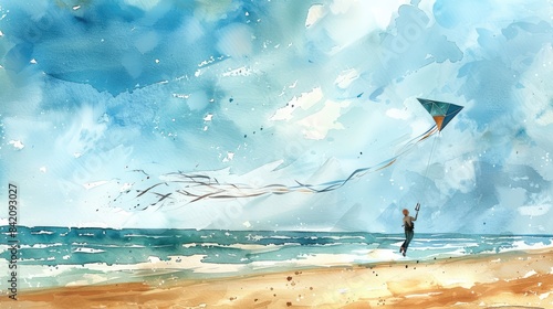watercolor painting of a boy flying a kite on the beach