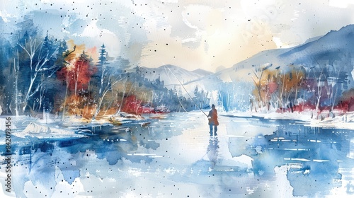 A watercolor painting of a man fly fishing in a cold river in the mountains.