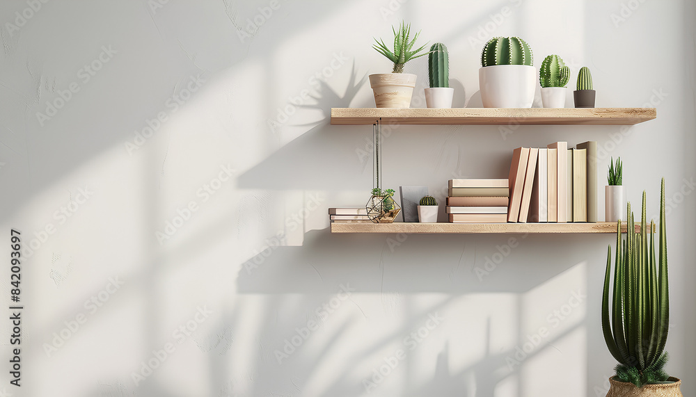 Modern shelves with books and cacti hanging on light wall