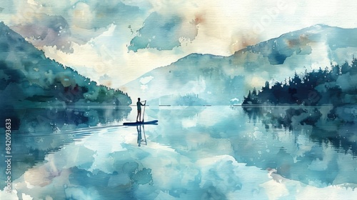 Wallpaper Mural watercolor painting of a man stand up paddle boarding on a lake with mountains in the background Torontodigital.ca
