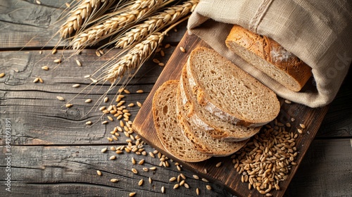 Sliced bread with wheat grains and wheat ear in studio settings.