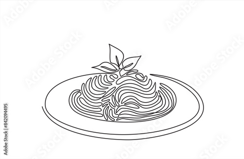 Single continuous line drawing of delicious spaghetti with basil. Italy pasta noodle restaurant concept hand draw line art design vector illustration for cafe, shop or food delivery service