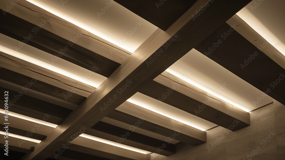 Naklejka premium Modern Ceiling Design with Intersecting Beams and LED Lighting